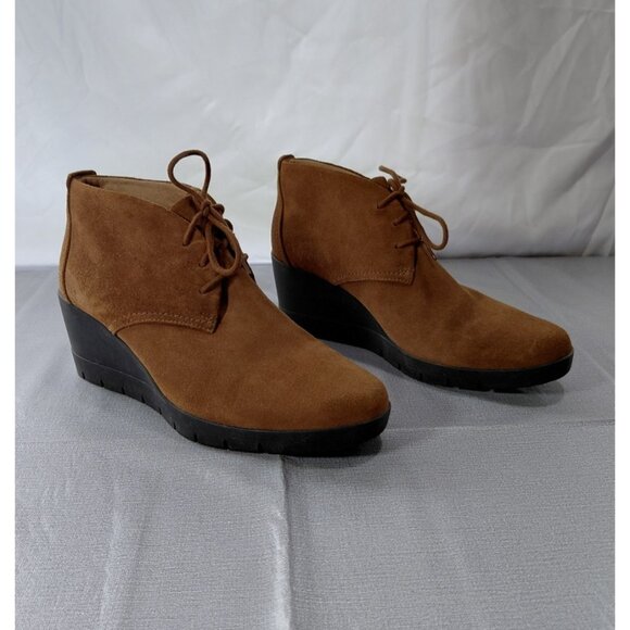 Clarks Unstructured Wedge Ankle Bootie Suede Women's 10M Cognac Brown - Picture 1 of 9